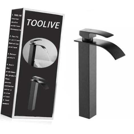 Robinet Lavabo Cascade - Bec Haut 252 mm - Trousse Monotrou 32-35 mm - Mélangeur Eau Chaude Froide à Levier Unique - Corps en Laiton - Finition Noir Mat