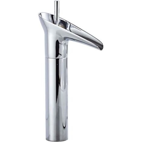 Robinet lavabo cascade monotrou haut avec poignée unique, montage sur plan vasque, finition chromée brillante, eau chaude/froide