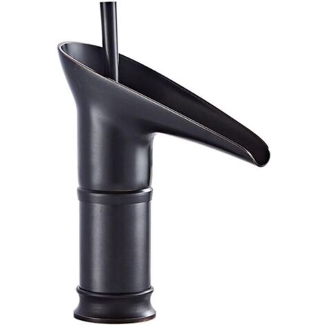 Robinet lavabo cascade monotrou noir court – montage sur plan de travail, eau chaude/froide, poignée unique