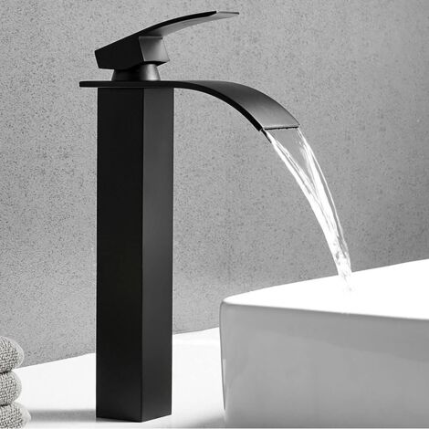 Robinet Lavabo Cascade Noir Moderne Mitigeur Robinet Salle Bain pour Vasque à Poser Robinetterie Carré en Acier inoxydable Haut Qualité