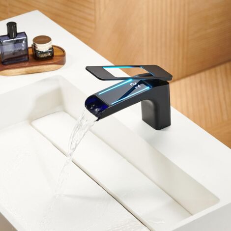 Robinet Lavabo Cascade, RF0266 Moderne Mitigeur Lavabo, Affichage numérique LED, 59A Laiton Mitigeur de Salle de Bain, Poignée Unique Robinet Salle de Bain, Anticorrosion