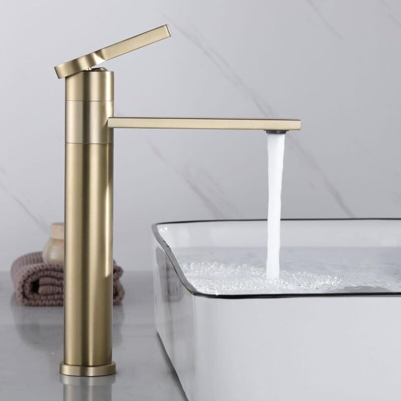 Robinet Lavabo Doré, Mitigeur Lavabo Haut Rotatif à 360°, Robinet Salle Bain Haut, Réglable Chaud et Froid