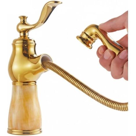 Robinet lavabo monotrou avec douchette extractible et poignée unique – Jaune doré, montage sur plage, finition or brossé
