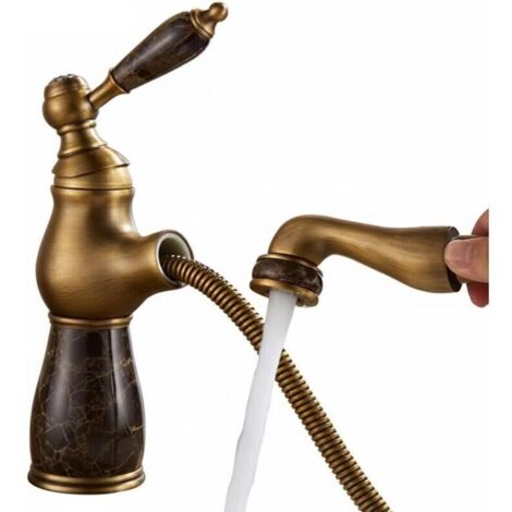Robinet lavabo monotrou avec douchette extractible, finition bronze antique, montage sur plan vasque – 1 pièce