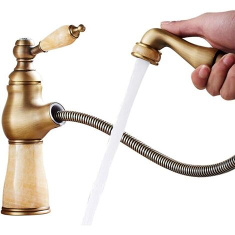 Robinet lavabo monotrou avec douchette extractible, finition jaune antique courte – Métal massif, montage sur plan vasque