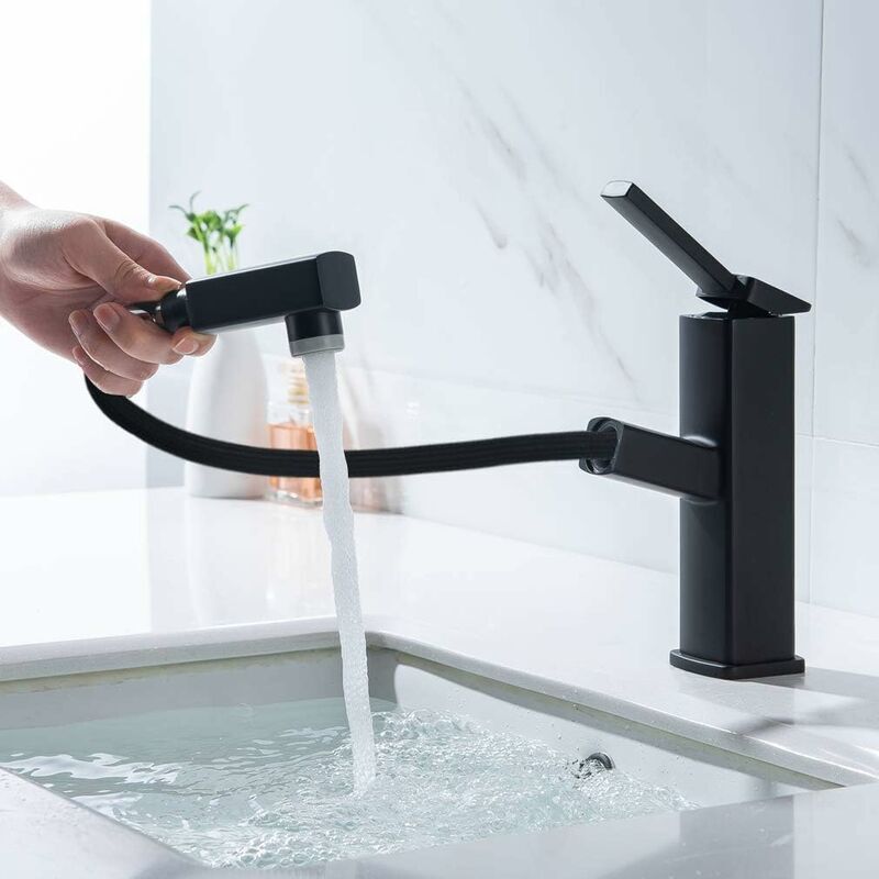 Robinet Lavabo Noir avec Douchette Mitigeur Lavabo Extractible pour Salle de Bain Robinet Mitigeur