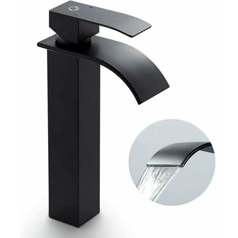 Robinet Lavabo Noir Haut Cascade avec Bec Haut Mitigeur Lavabo Noir Cascade Haut Robinetterie Salle de Bain Noir Cascade Mitigeur Salle de Bain Noir en Inox-- Black natural bend waterfall version cour