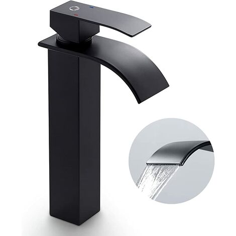 Robinet Lavabo Noir Haut Cascade avec Bec Haut Mitigeur Lavabo Noir Cascade Haut Robinetterie Salle de Bain Noir Cascade Mitigeur Salle de Bain Noir en Inox-- Black Natural Bent Waterfall High