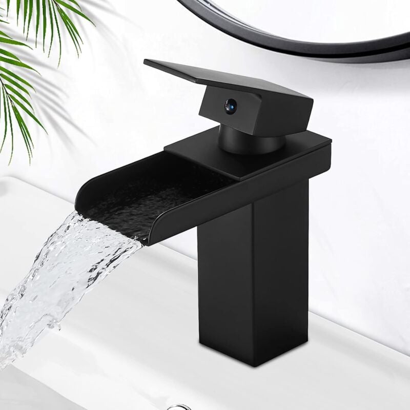 Beijiyi - Robinet Lavabo Noir, Robinet Salle de Bain Cascade, Mitigeur Lavabo avec Eau Froide & Chaude Disponible, Valve en Céramique Épargnant