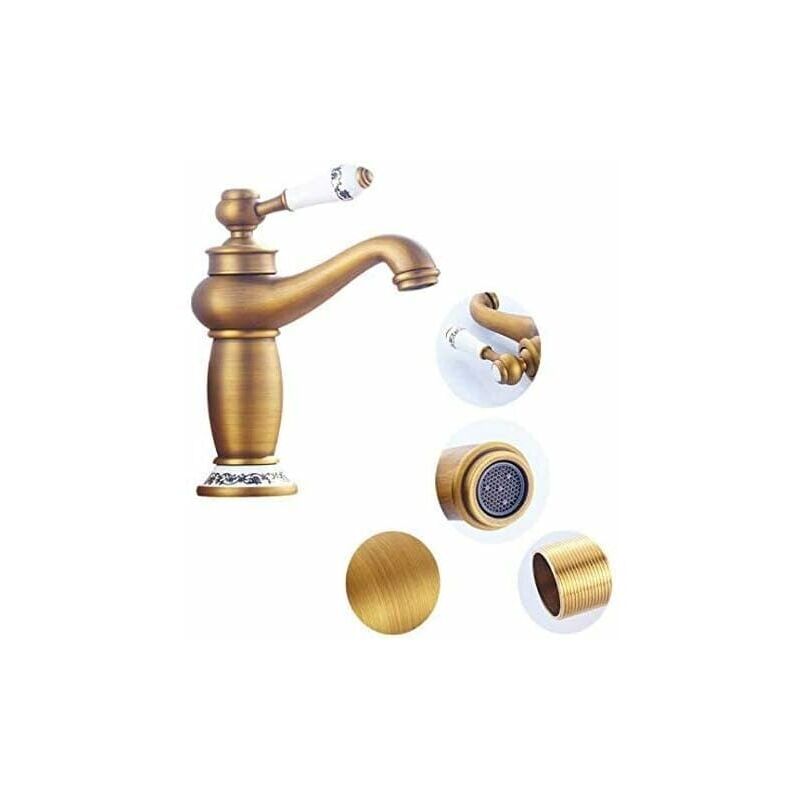 Robinet Lavabo Rétro Laiton Céramique Bleu et Blanc - Entrée Eau Froide/Chaude