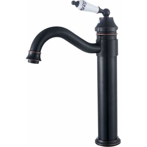 Robinet lavabo rétro noir haut – Mitigeur 360° en laiton – Type de vanne en céramique – Raccord G 3/8 pour installation facile