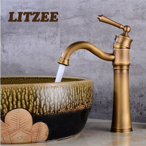 LITZEE Robinet Lavabo Rétro,Pivotant Robinet Salle de Bain, Mitigeur Lavabo en Laiton, Mitigeur Salle de Bain avec Valve en Céramique Neuve, Dorée A