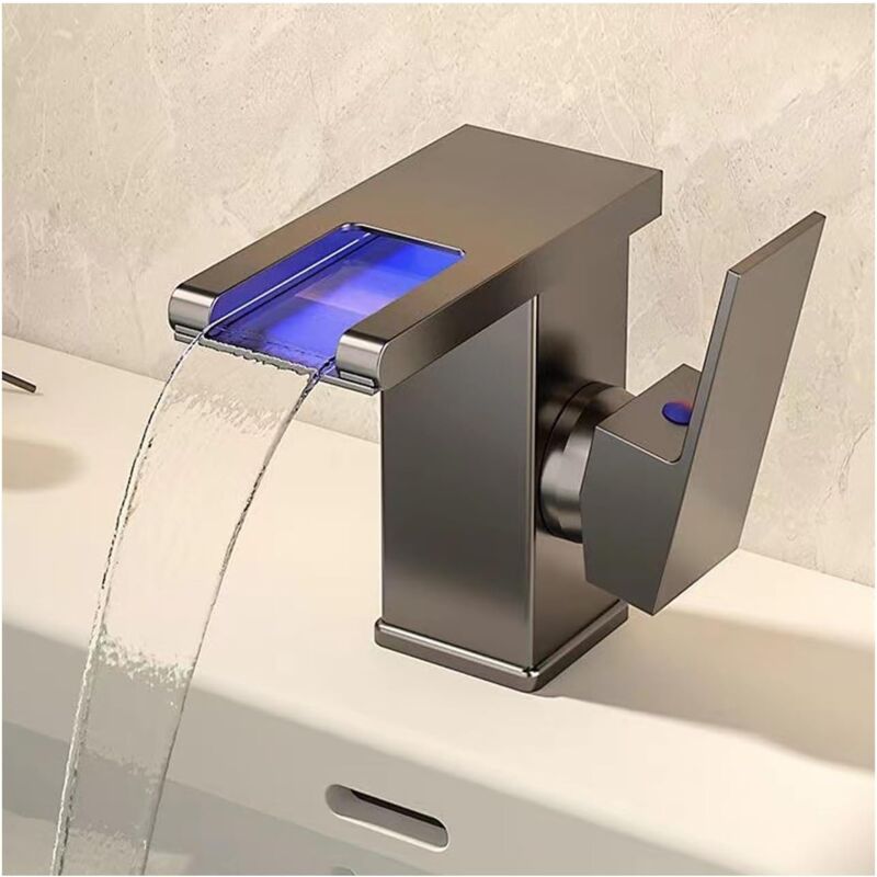 Robinet Lavabo Salle Bain Cascade LED 3 Couleurs Mitigeur Lavabo Salle de Bain Robinet Lave Main Laiton Robinet Eau Froide et Chaude Réglables