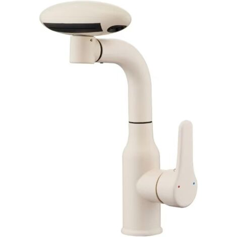 Robinet Lavabo Salle de Bain avec Douchette Extractible Pivotant a 360° 4 Mode Mitigeur Cascade Lavabo,Blanc Lait