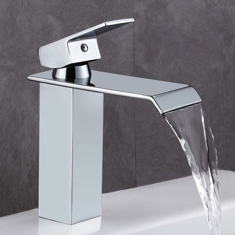 Robinet lavabo, Style Moderne Robinet Lavabo Cascade Salle bain en Laiton Chromé, Valve en Céramique, Désign en Aplati Rectangulaire Pour 30%