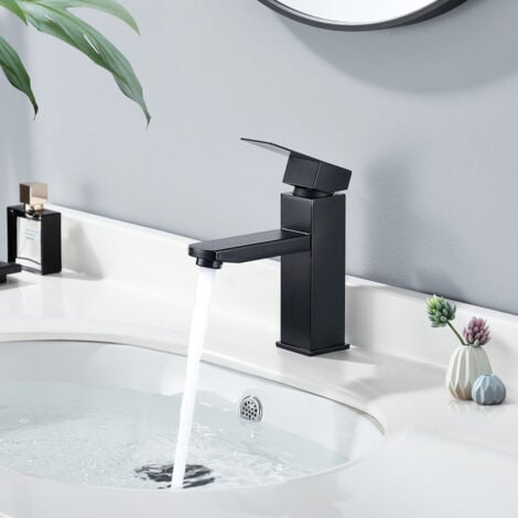 Robinet Lavabo Vasque OHPA,Mitigeur Lavabo Noir,Mitigeur Salle Bain Mono-trou,Mélangeur l'eau Chaude et Froide pour Salle de Bain en Acier Inox