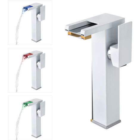 Robinet LED (bleu, vert, rouge), robinet de lavabo G3/8, robinet cascade, robinet de lavabo haut, mitigeur, blanc