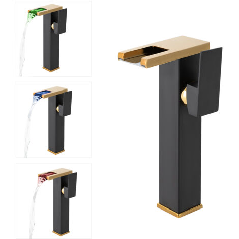 Robinet LED (bleu, vert, rouge), robinet de lavabo G3/8, robinet cascade, robinet de lavabo haut, mitigeur, noir
