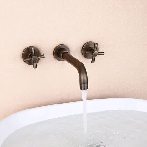 Robinet mélangeur lavabo mural en laiton bronze – Poignées en croix – Bec incurvé pour confort d'utilisation – Installation murale – Lookshop