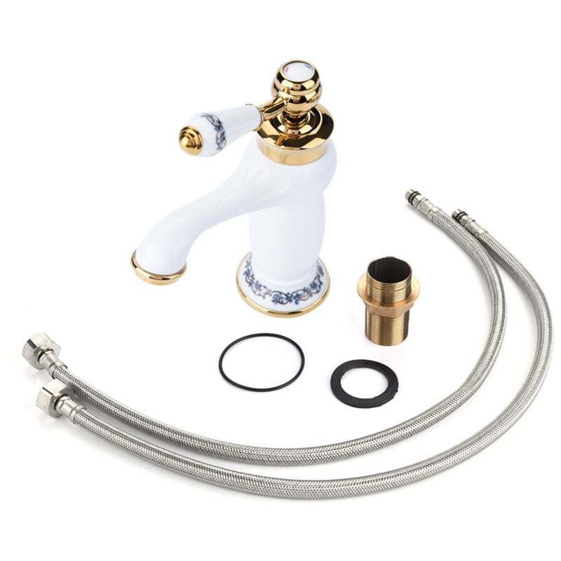 Zoternen - Robinet mitigeur à poignée unique à motif Floral, robinet d'eau froide/chaude pour lavabo de salle de bains (blanc)