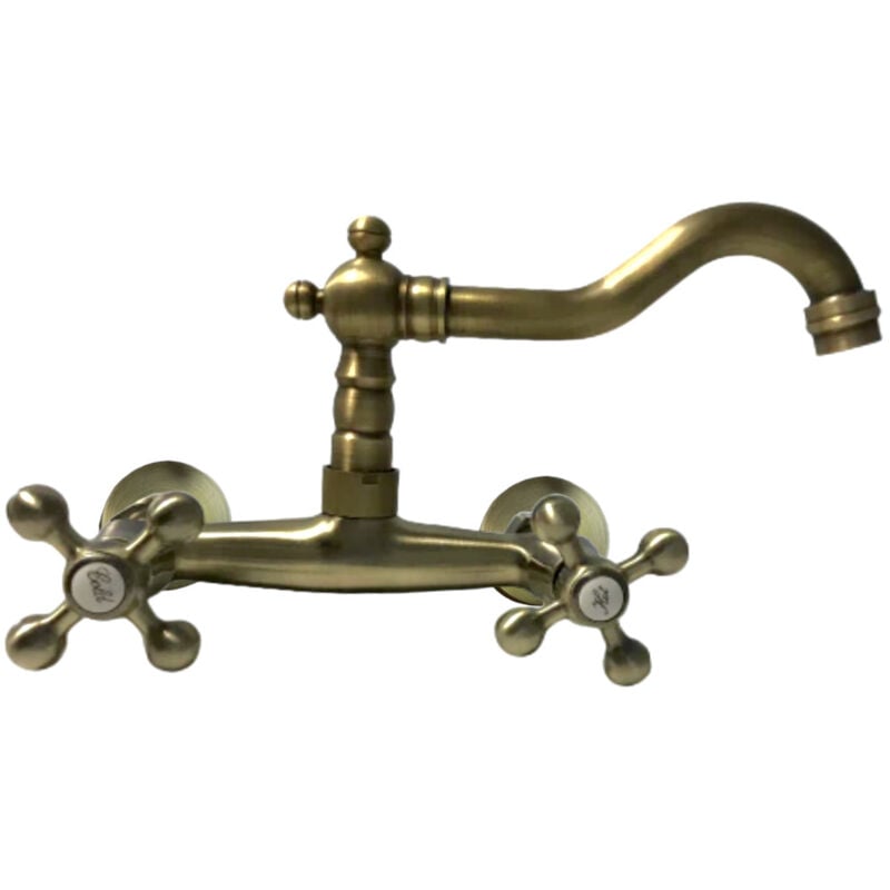 Robinet mitigeur complet mural en vieux laiton bronzé d'époque