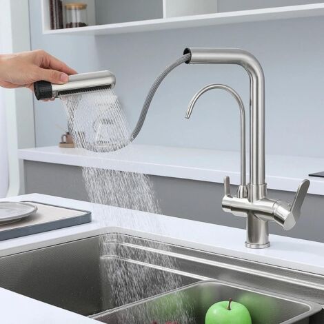 Robinet mitigeur de cuisine 3 voies brossé avec douchette extractible et sortie d'eau filtrée
