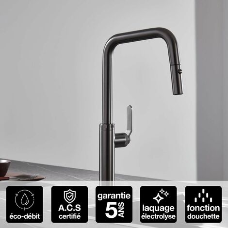 Robinet Mitigeur de Cuisine anti-calcaire avec Douche anti-calcairette Black Gun Métal IMEX NIZA GCE027/BGM