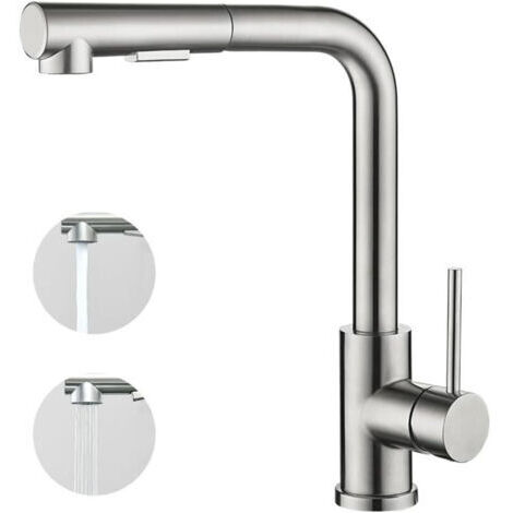 Robinet mitigeur de cuisine avec douchette extractible, poignée unique, pivotant à 360°, 2 modes de pulvérisation, robinet d'évier de cuisine, brossé