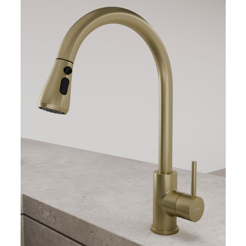 Kroos ® - Robinet mitigeur de cuisine & douchette extractible - Doré brossé