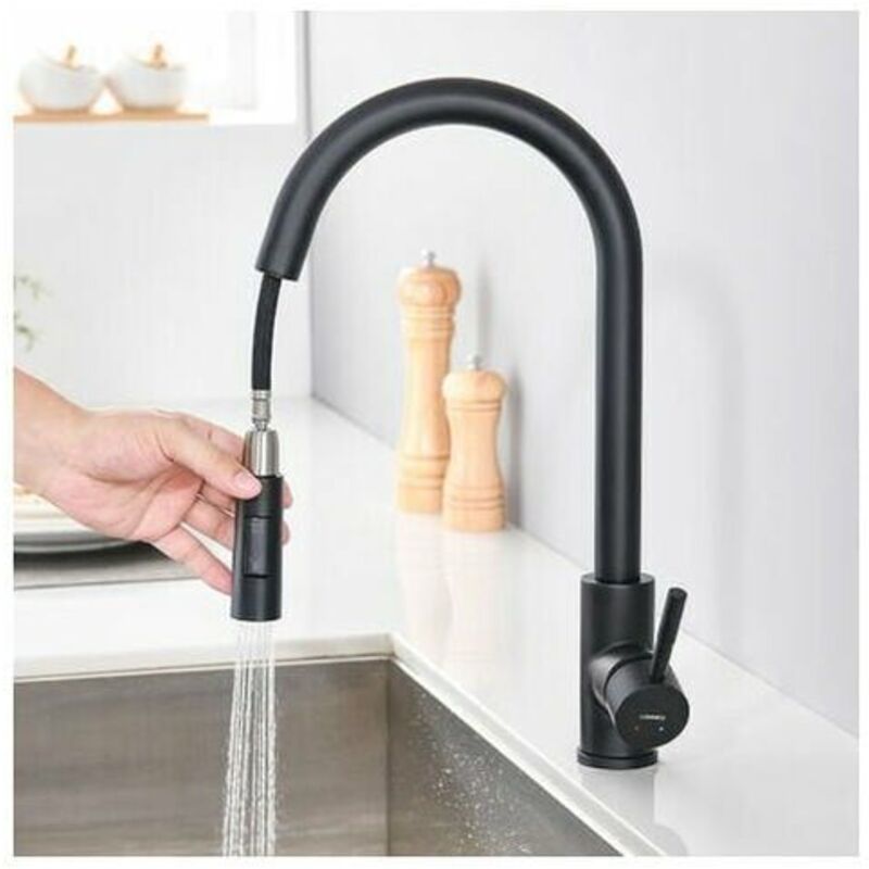 Robinet mitigeur de cuisine en acier inoxydable, rotatif à 360 °, noir mat, évier de cuisine, 2 fonctions, mitigeur de cuisine