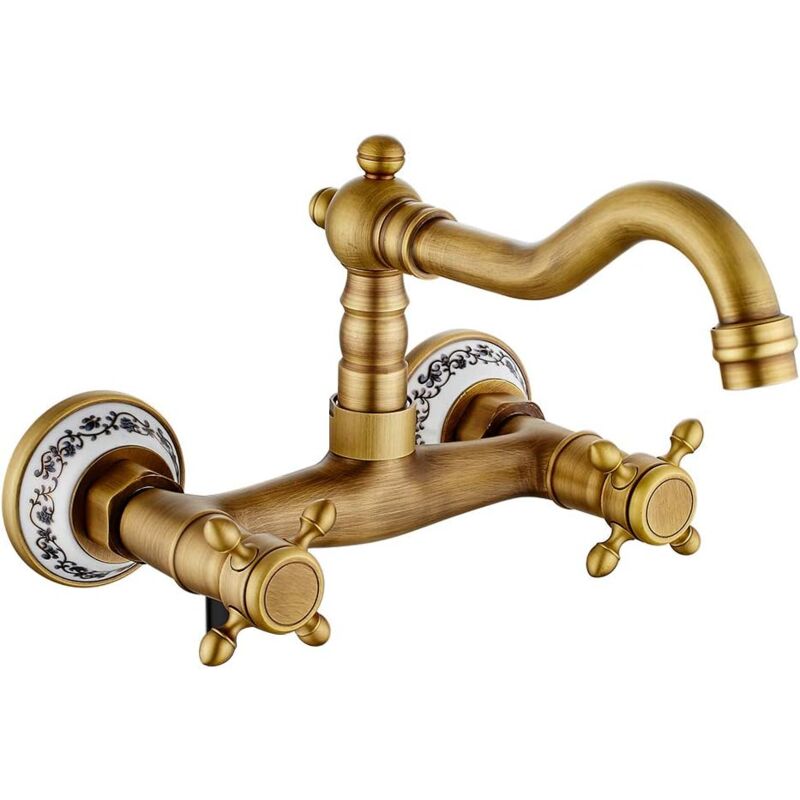 Robinet mitigeur de cuisine mural antique en bronze vintage, rotatif à 360°, double commande, fleur de prunier (antique)