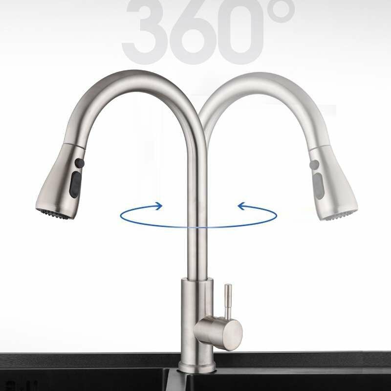 Robinet Mitigeur de Cuisine rabattable chaud/froid au choix en nickel brossé, , tuyau extensible Bec 360° Rotatif