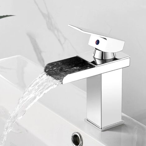 Robinet mitigeur de lavabo à effet cascade, mitigeur de lavabo en acier inoxydable avec bec cascade, mitigeur monotrou, chromé, court