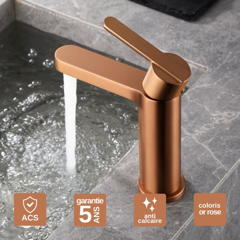 Robinet Mitigeur de Lavabo anti-calcaire Bec Bas Or Rose imex roma BDR001-1ORC