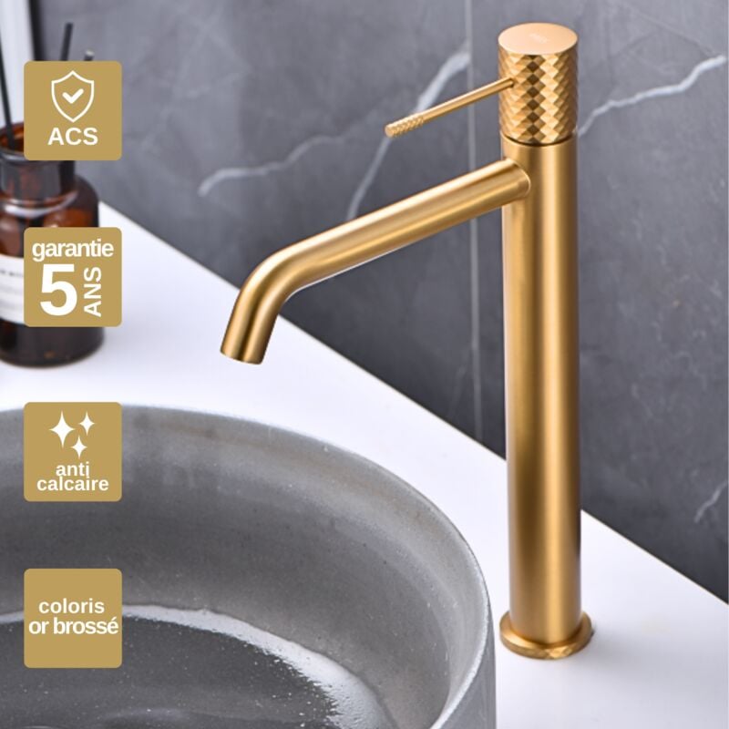Robinet Mitigeur de Lavabo anti-calcaire Bec Haut Or Brossé imex genova BDG053-3OC