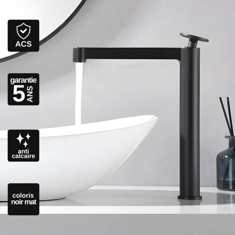 Robinet Mitigeur de Lavabo anti-calcaire Bec Haut Noir Mat imex olimpo BDC033-3NG