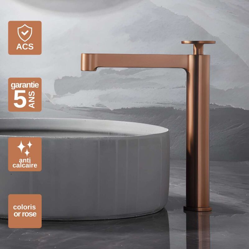 Robinet Mitigeur de Lavabo anti-calcaire Bec Haut Or Rose Cuivré imex olimpo BDC033-3ORC