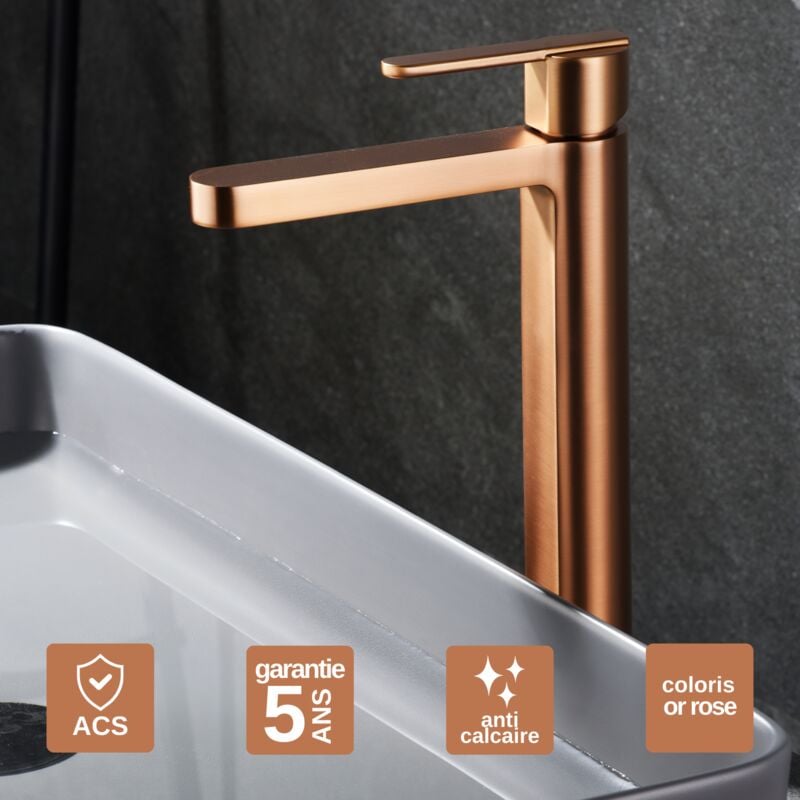 Robinet Mitigeur de Lavabo anti-calcaire Bec Haut Or Rose imex roma BDR001-3ORC