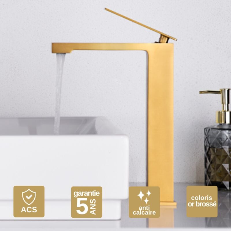 Imex Products - Robinet Mitigeur de Lavabo anti-calcaire Bec Haut Or Brossé imex pisa BDP048-3OC