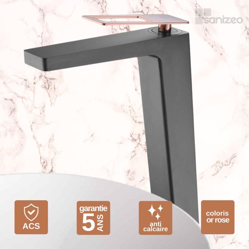 Robinet Mitigeur de Lavabo anti-calcaire Haut 17 cm Noir Mat et Or Rose imex suecia BDC032-3NOR