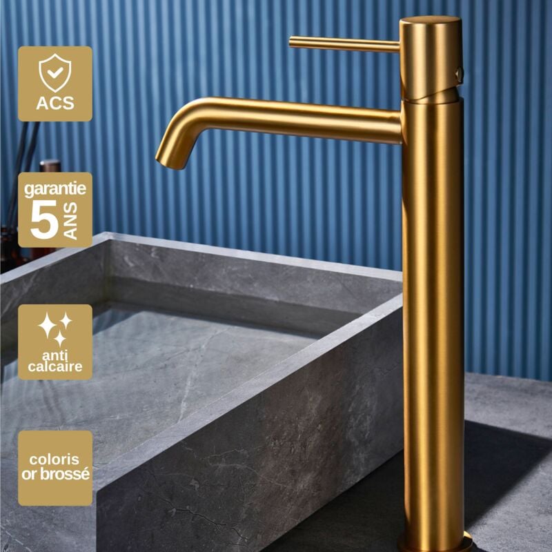 Imex Products - Robinet Mitigeur de Lavabo anti-calcaire Bec Haut Or Brossé imex monza BDM039-3OC