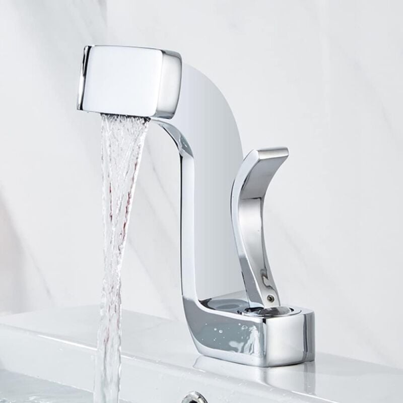 Robinet mitigeur de lavabo avec cascade eau chaude et eau froide, montage sur plan laiton - Chrome