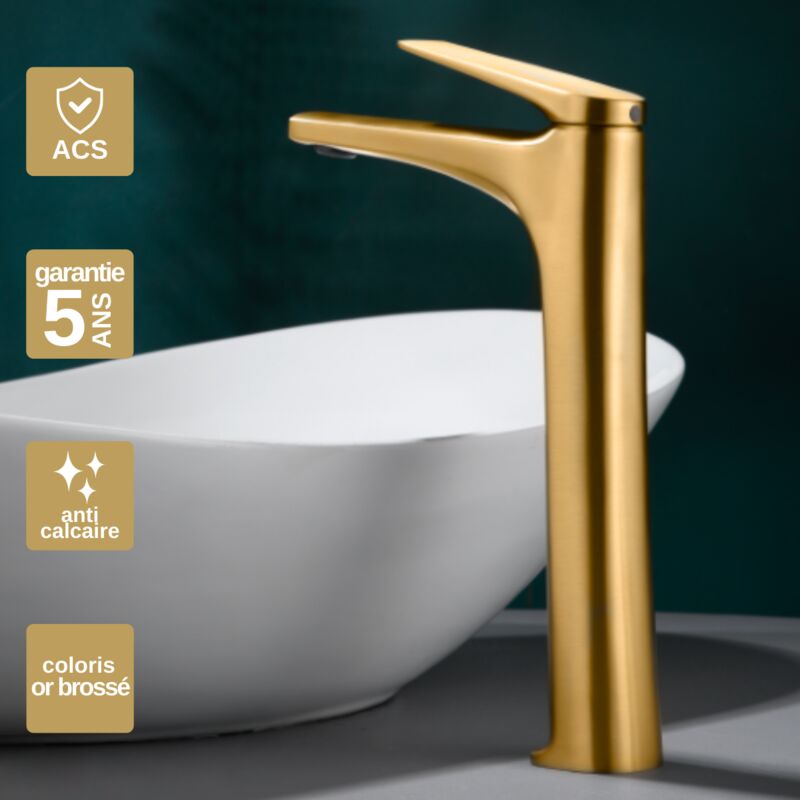 Robinet Mitigeur de Lavabo Bec Haut anti-calcaire Or Brossé imex delos BDD055-3OC