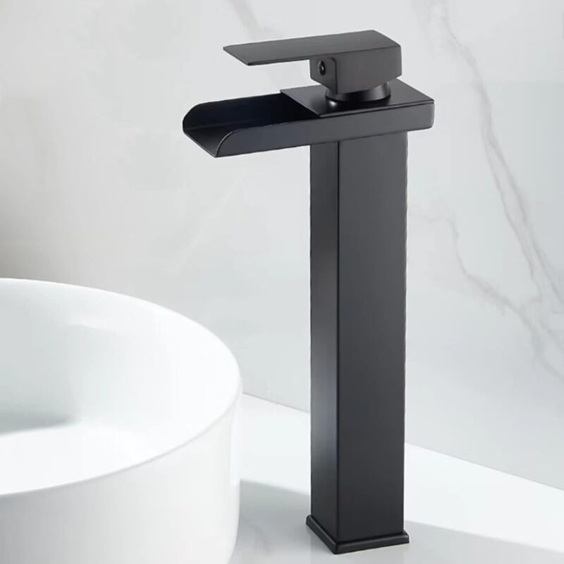 Ikodm - Robinet mitigeur de lavabo cascade noir, robinet de lavabo en acier inoxydable avec bec cascade, robinet mitigeur de lavabo monotrou à
