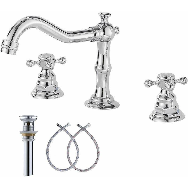 Sunxury - Robinet mitigeur de lavabo chromé à deux poignées, 3 trous, 8 à 16 pouces, robinet de salle de bains largement répandu