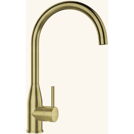 Robinet mitigeur de cuisine inox doré – Bec col de cygne orientable 360° – Hauteur sous bec 257 mm – Débit 12.4 l/min – Schock