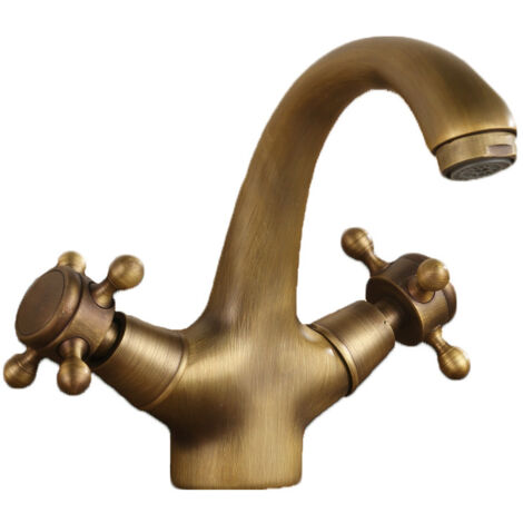 Robinet Mitigeur de Lavabo / Évier en Cuivre Antique, Style Européen Rétro, Rotatif, Robinet à Double Manette pour Salle de Bain / Cuisine