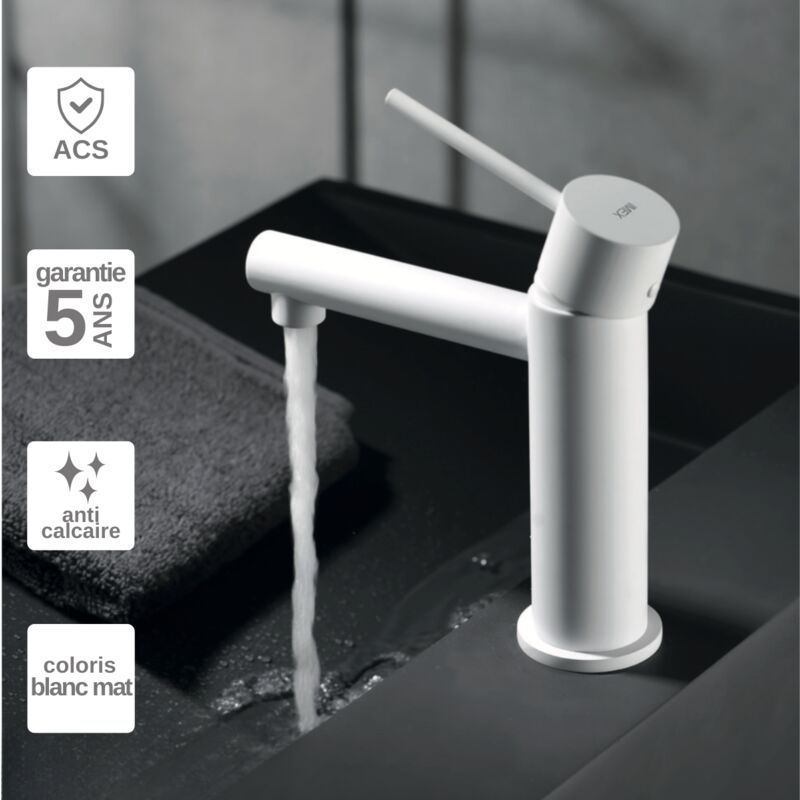 Robinet Mitigeur de Lavabo anti-calcaire Bec Bas Blanc Mat imex milos stick BDYS045-1BL