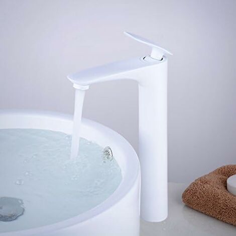 Robinet Mitigeur de Lavabo pour Salle de Bain avec Bec Haut, Blanc