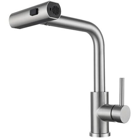 Robinet mitigeur d'évier de cuisine en acier inoxydable avec douchette extractible, robinet mitigeur de cuisine 1 trou bec pivotant robinet d'eau chaude et froide à poignée unique